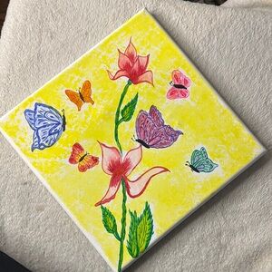 Floral and Butterfly Canvas Art - Yellow, Red, Green